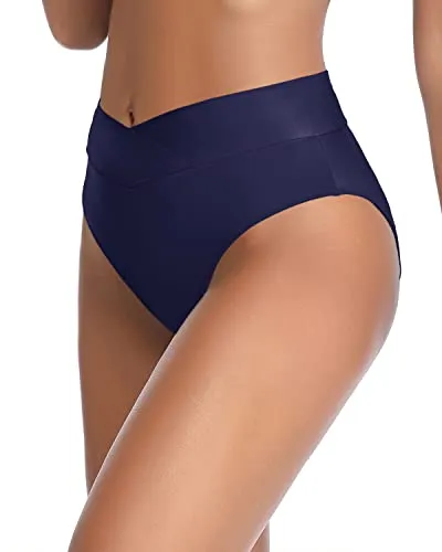 Tummy Control High Waisted Swim Bottom High Cut Tankini Brief-Navy Blue