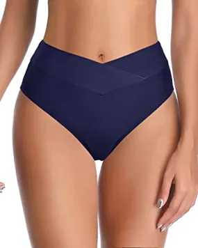 Tummy Control High Waisted Swim Bottom High Cut Tankini Brief-Navy Blue