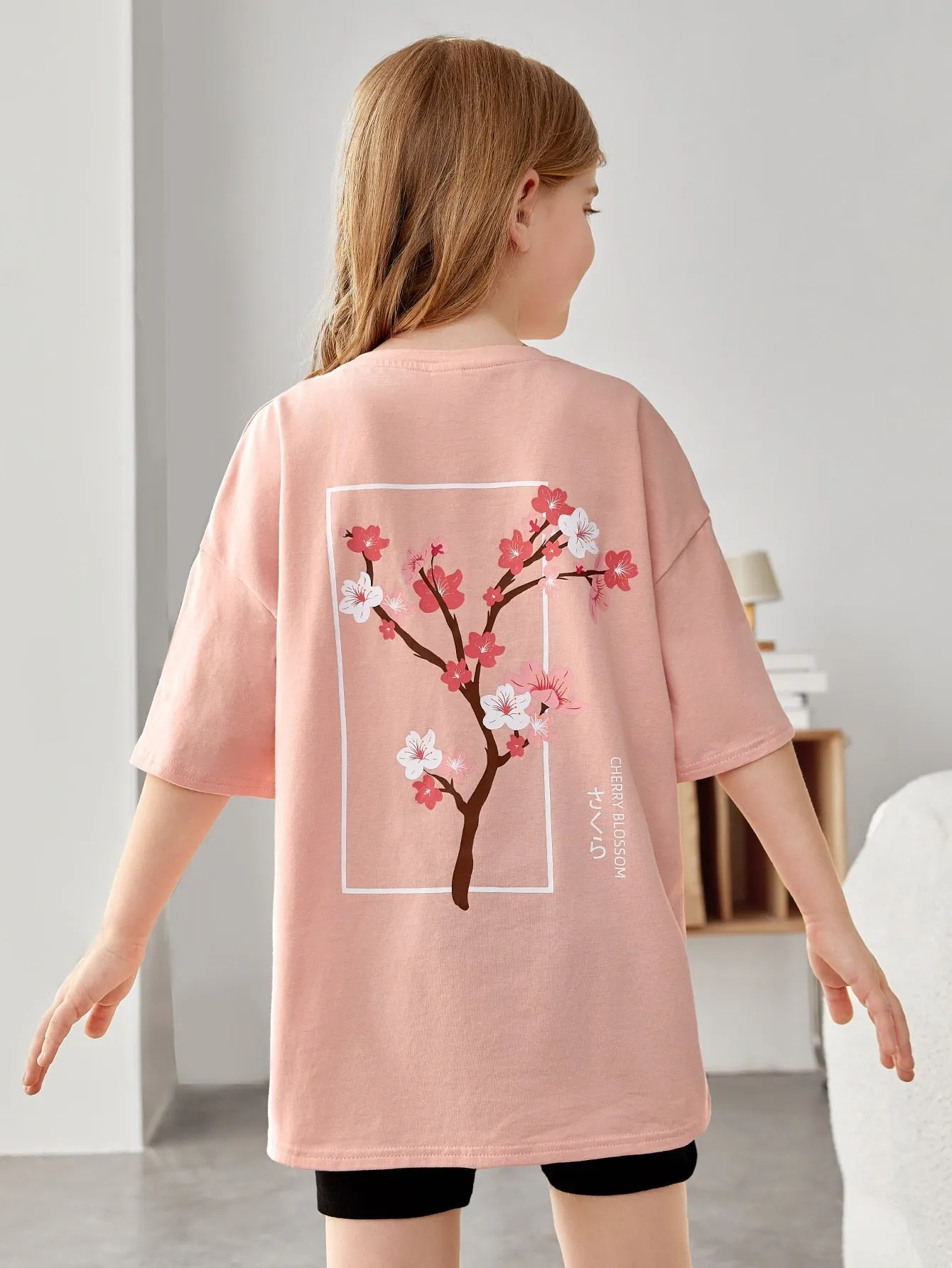 Tween Girl Oversized Casual T-Shirt with Flower & Letter Design - Drop Shoulder, Round Neck