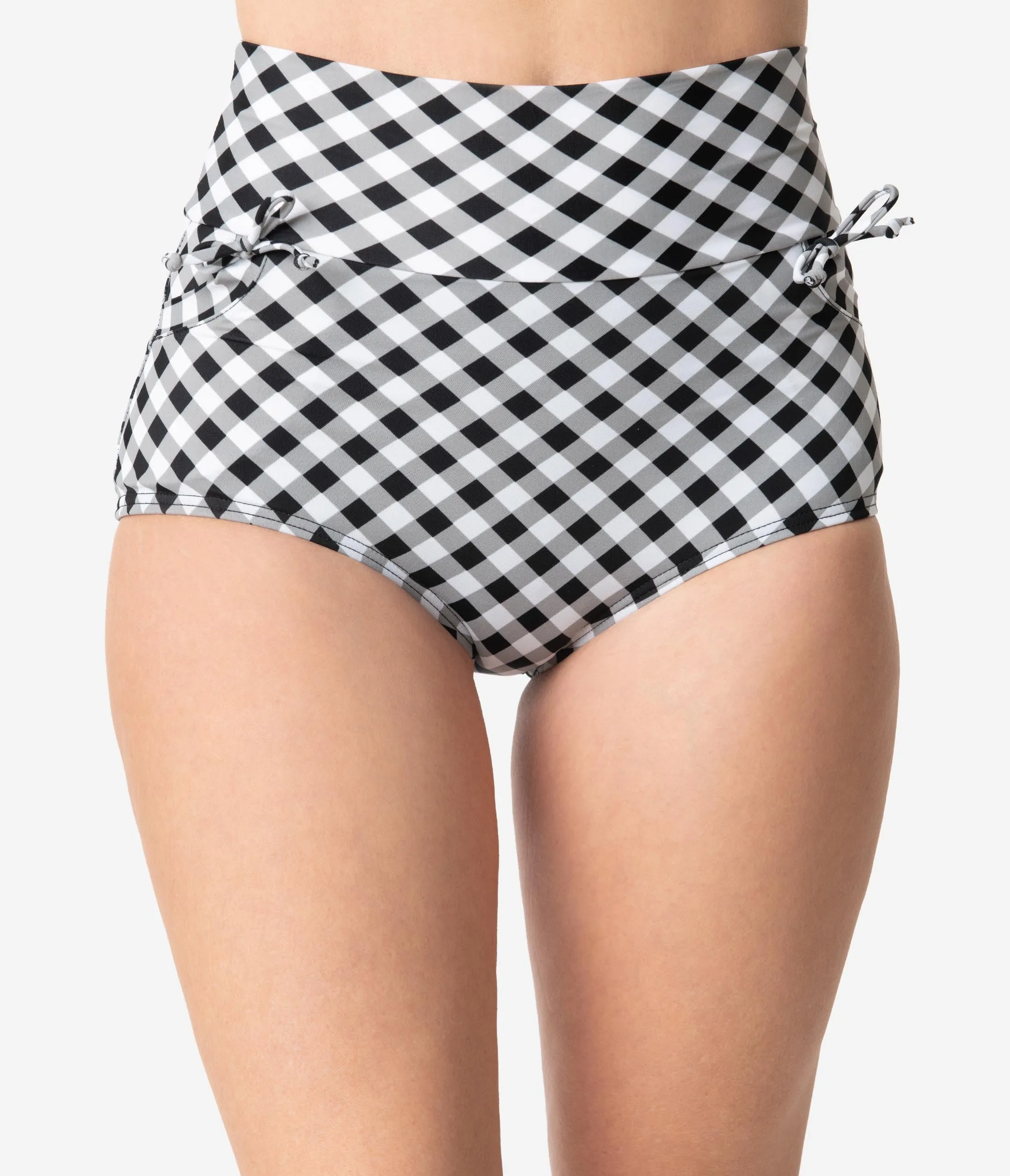 Unique Vintage Black & White Gingham Gilda High Waist Swim Bottoms