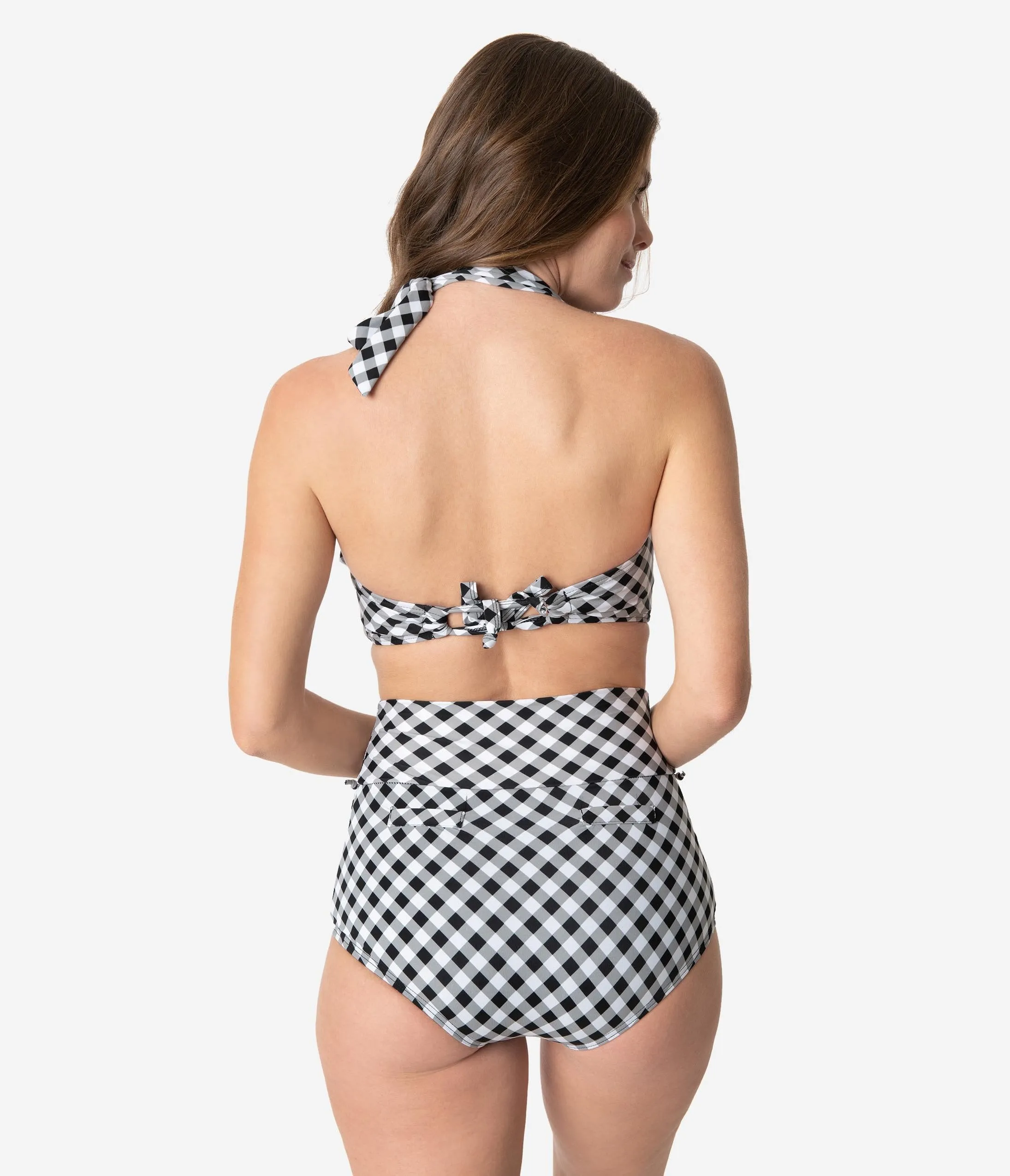 Unique Vintage Black & White Gingham Gilda High Waist Swim Bottoms