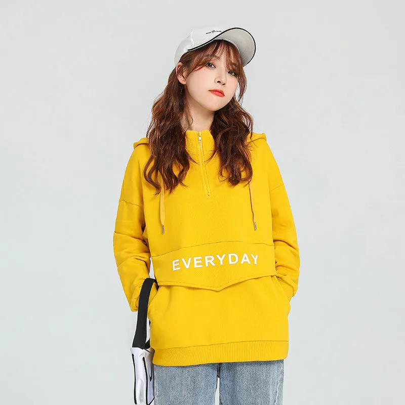 Women Trendy City College Cotton Hooded Sweatshirt Pocket Design Outerwear