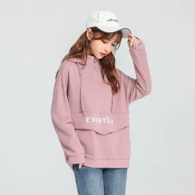 Women Trendy City College Cotton Hooded Sweatshirt Pocket Design Outerwear