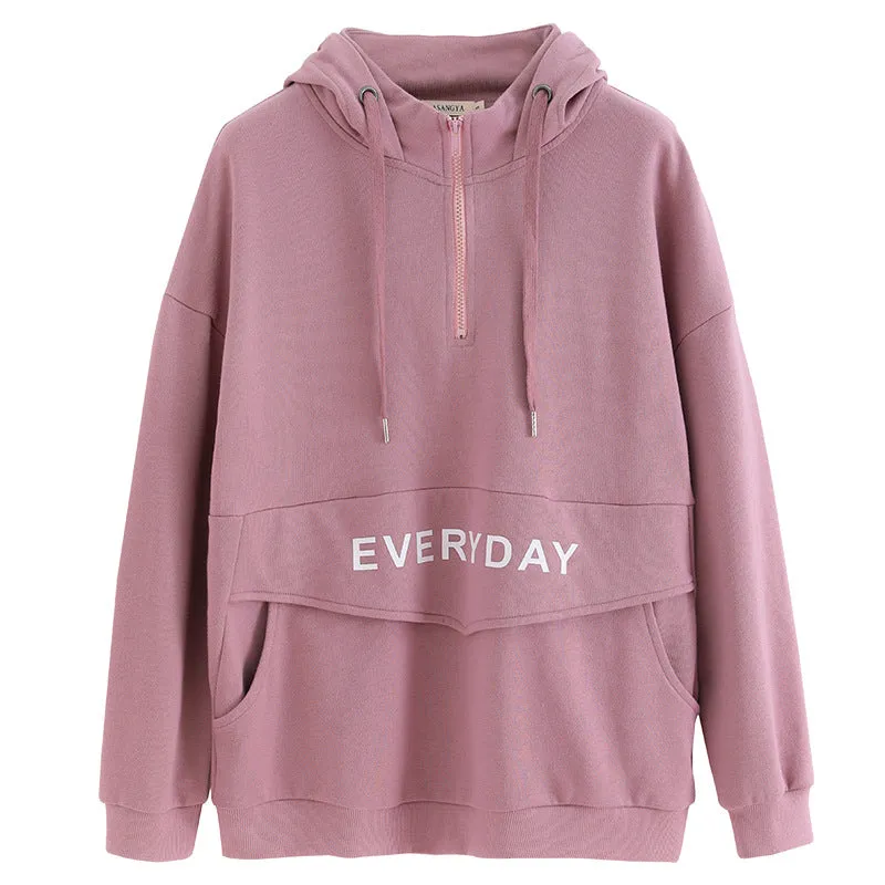 Women Trendy City College Cotton Hooded Sweatshirt Pocket Design Outerwear