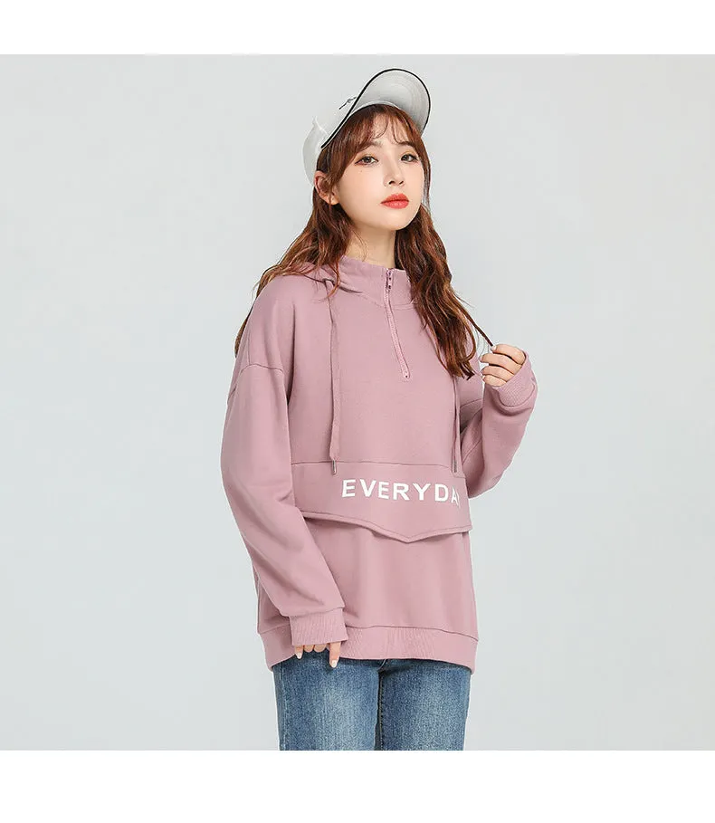 Women Trendy City College Cotton Hooded Sweatshirt Pocket Design Outerwear