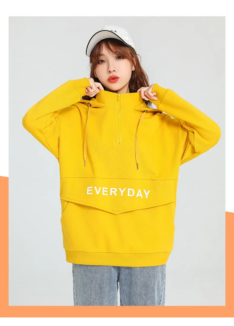 Women Trendy City College Cotton Hooded Sweatshirt Pocket Design Outerwear