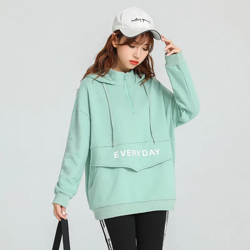 Women Trendy City College Cotton Hooded Sweatshirt Pocket Design Outerwear