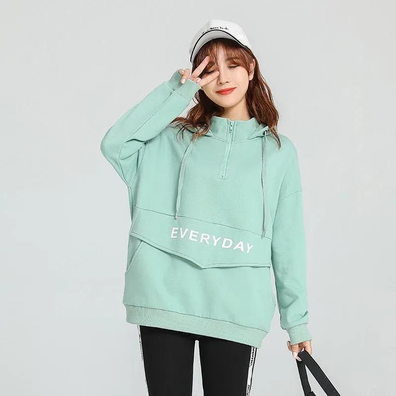 Women Trendy City College Cotton Hooded Sweatshirt Pocket Design Outerwear