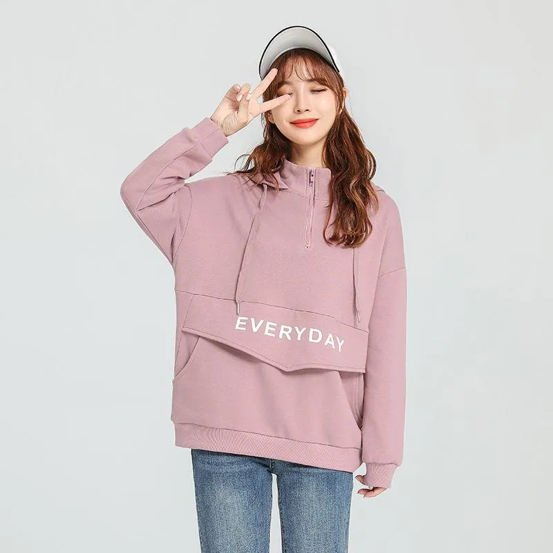 Women Trendy City College Cotton Hooded Sweatshirt Pocket Design Outerwear