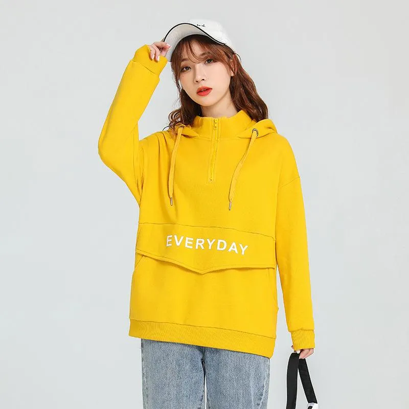 Women Trendy City College Cotton Hooded Sweatshirt Pocket Design Outerwear