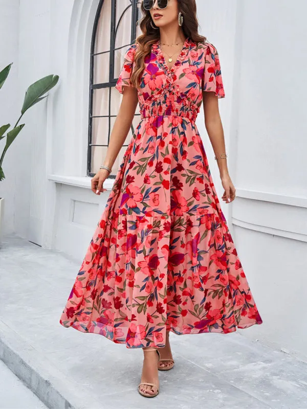 Women's Floral Print Flowy Floor Length Dress With V-Neck And Short Sleeves