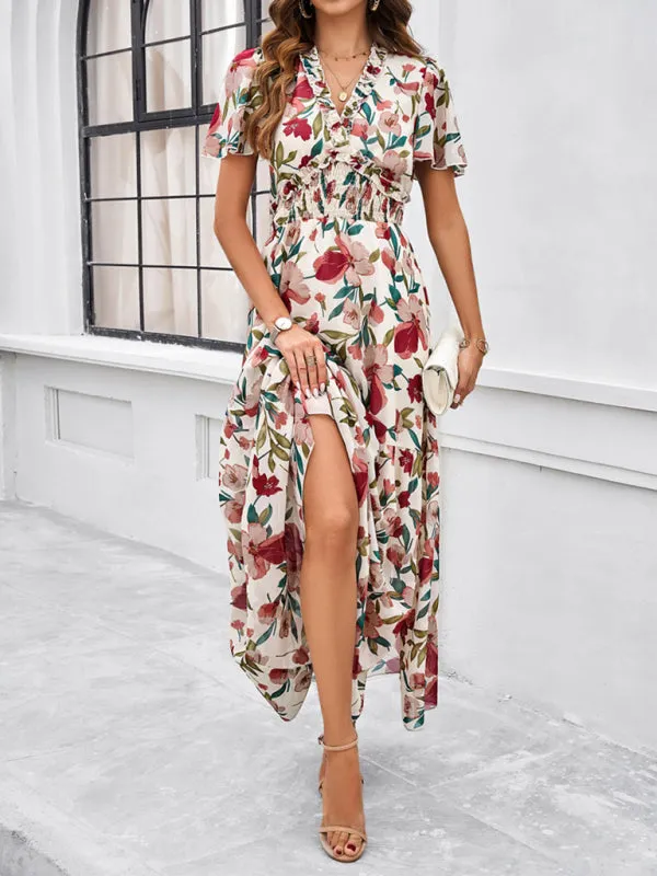 Women's Floral Print Flowy Floor Length Dress With V-Neck And Short Sleeves