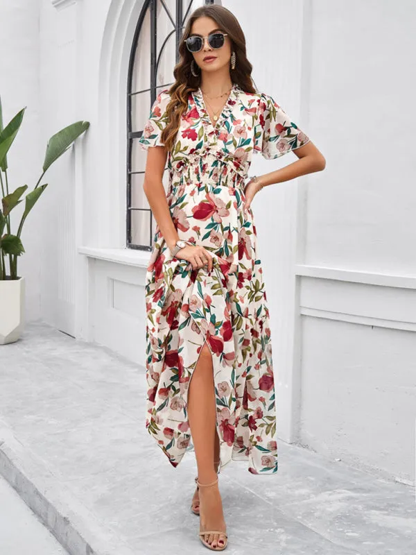 Women's Floral Print Flowy Floor Length Dress With V-Neck And Short Sleeves