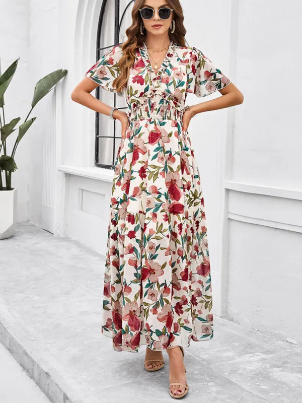 Women's Floral Print Flowy Floor Length Dress With V-Neck And Short Sleeves