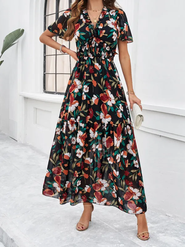 Women's Floral Print Flowy Floor Length Dress With V-Neck And Short Sleeves