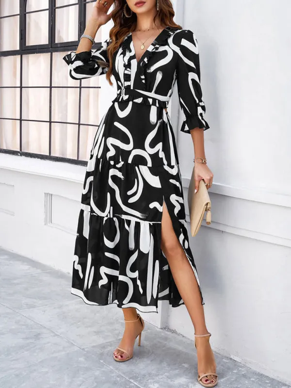 Women's Printed V-Neck Long Length Flowy Dress With Front Thigh Split