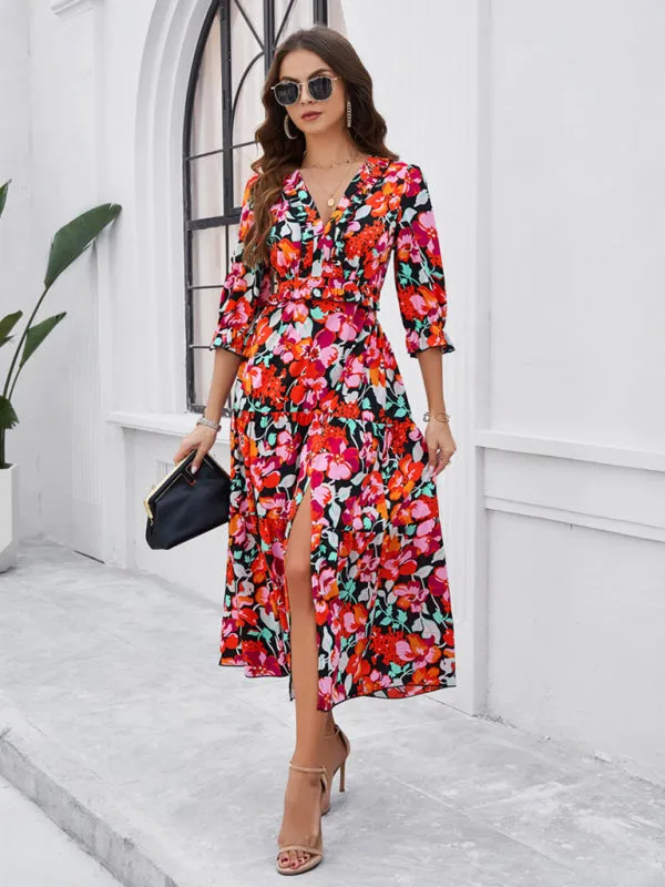 Women's Printed V-Neck Long Length Flowy Dress With Front Thigh Split