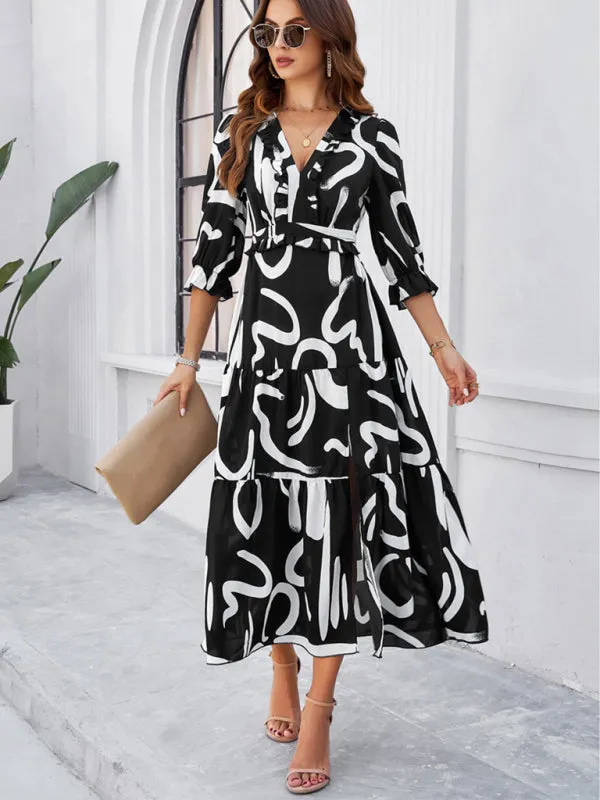 Women's Printed V-Neck Long Length Flowy Dress With Front Thigh Split