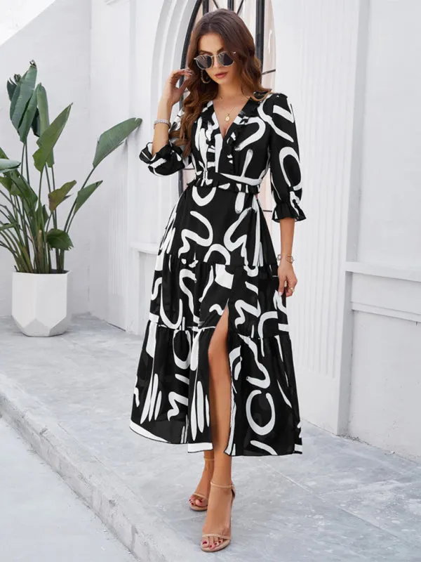 Women's Printed V-Neck Long Length Flowy Dress With Front Thigh Split