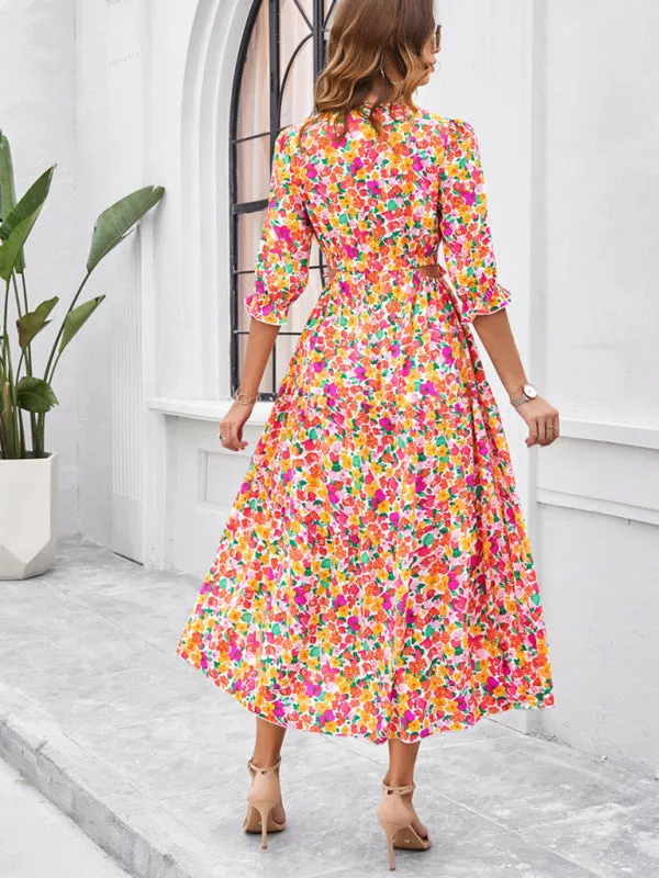 Women's Printed V-Neck Long Length Flowy Dress With Front Thigh Split