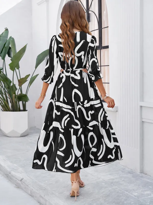 Women's Printed V-Neck Long Length Flowy Dress With Front Thigh Split