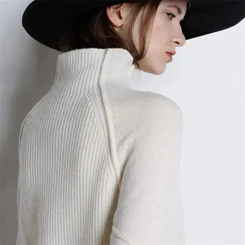 Women's Ribbed Knit Cashmere Wool Blend Turtleneck Sweater